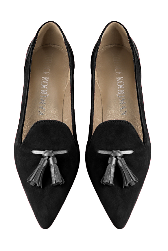 Matt black and dark silver women's loafers with pompons. Pointed toe. Flat flare heels. Top view - Florence KOOIJMAN